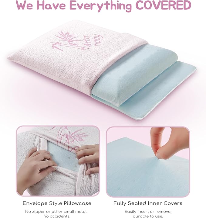Toddler Pillow, Adjustable Memory Foam Small Pillow for Toddler 2 Years & Above, 13” x 18” Mini Size for Kid Sleeping, Napping or Traveling, Washable No Zipper Pillowcase, Pink