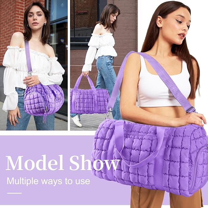 Quilted Travel Duffle Bag Gym Bag for Women,Large Puffer Duffle Weekender Bag with Compartment,Workout Overnight Carry on Organizer Bag Duffle Bag for Airplane Travel(Purple)