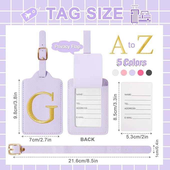 Personalized Initial Luggage Tags for Suitcase, Purple Leather Cute Luggage Tags with Privacy Cover Name Card, Embroidered Custom Monogrammed Luggage Tag Travel Backpack Tags Gifts for Women Kids(G)