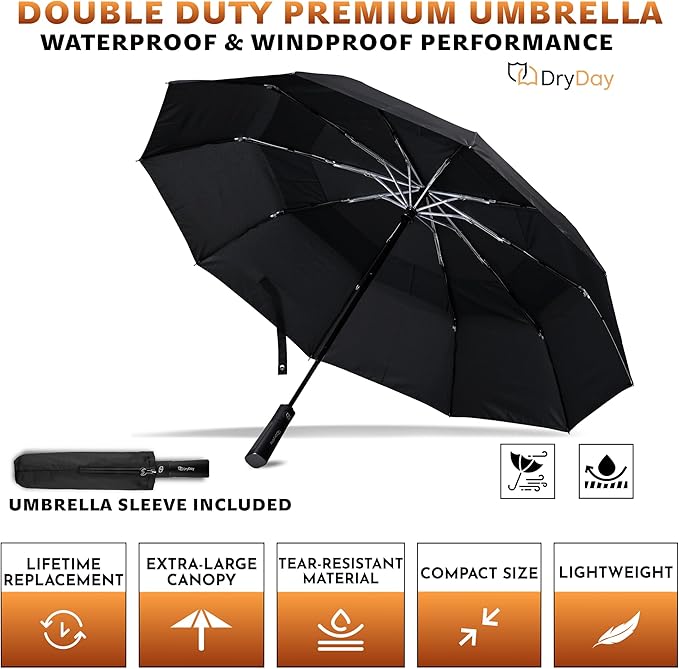DryDay Premium Umbrellas for Rain, Large Windproof Double Canopy Umbrella, 10 Aluminum Ribs, Sturdy Frame, Auto Open Close Unique Handle, Windproof & Waterproof Umbrella for Women & Men