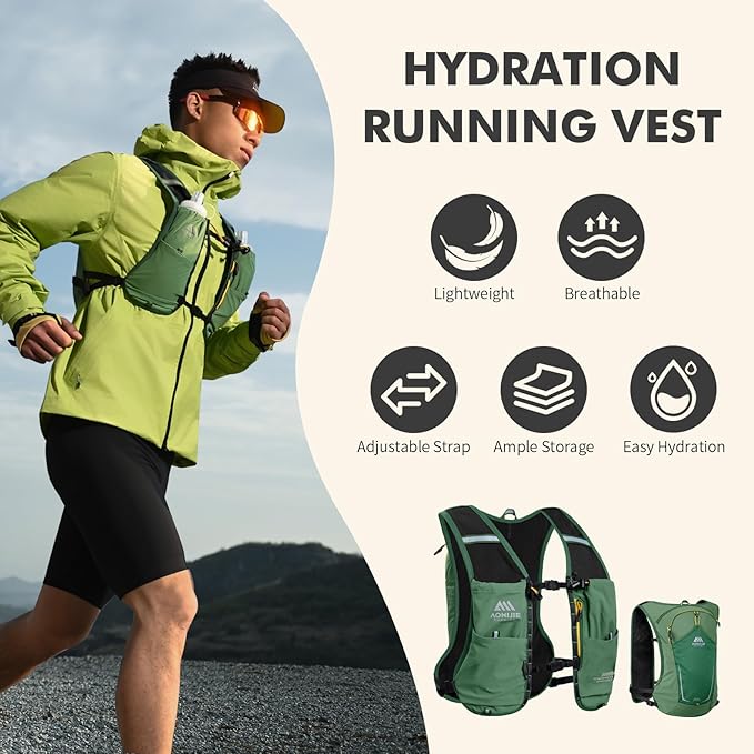 AONIJIE Running Hydration Vest for Men & Women, 8L Hydration Backpack, Multiple Pocket Designs for Water Bottles/Bladders, Lightweight Breathable for Hiking, Climbing, Marathon & Cycling - Green