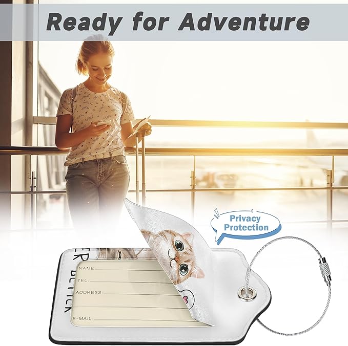 Cute Cat Luggage Tags for Suitcases,2 Pack,Never Better Luggage Tag,Leather Stainless Steel Loop Label Tag for Women Men Girls Travel Bag Suitcase