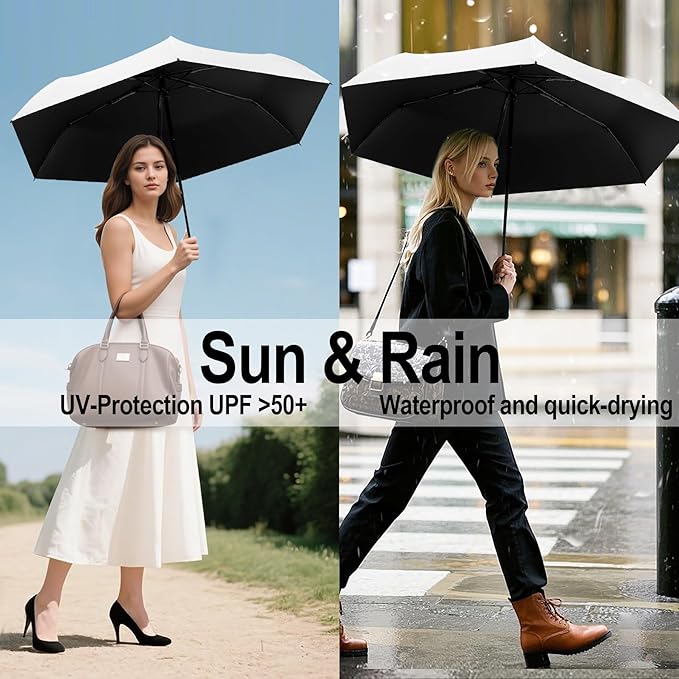Auto Open Close Umbrella - Ultra Light Compact Travel & Backpack Size for Women and Men, UPF 50+ Eco-Friendly Sun Protection & Windproof Rain Umbrella with UV Defense
