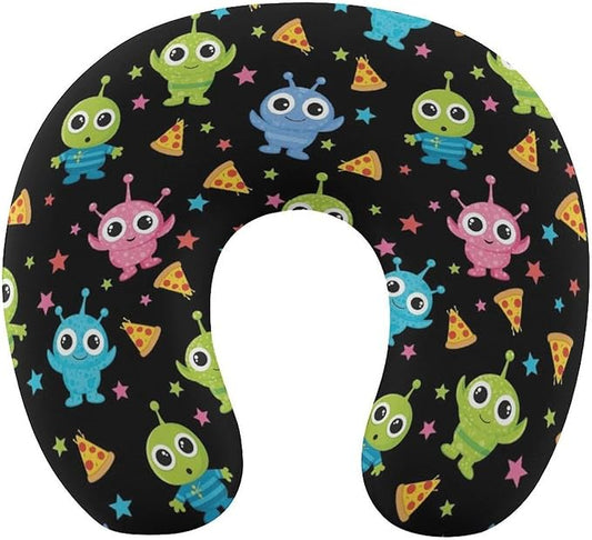 Portable U-Shaped Travel Pillow Memory Foam Neck Rest, Alien Eating Pizza Peace Funny Space Art U-Shape, Airplane Car Bus Office Chin Support