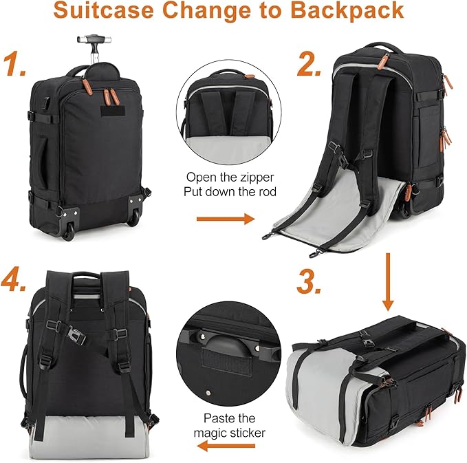 Lumesner Rolling Backpack for Men and Women, Extra Large 42L Travel Backpack with Wheels, 17.3 Inch Carry-On Laptop Bag with 4 packing cubes for Business and Work, Large Capacity Rolling Bag, Black