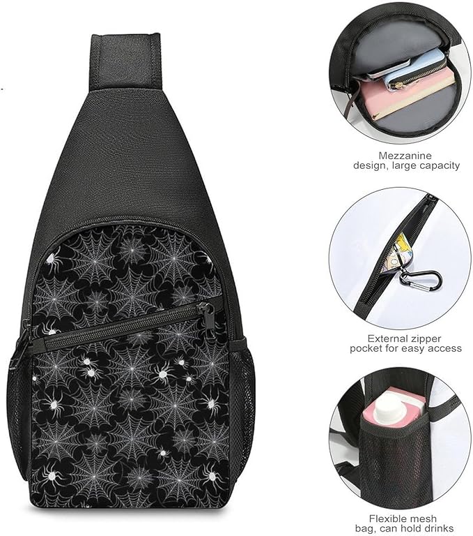 SWEET TANG Cool Sling Backpack Goth Gothic Black Spooky Spider Web, Lightweight Sling Shoulder Bag, Outdoor Chest Crossbody Bike Gym Runner Daypack with Adjustable Strap for Men Women