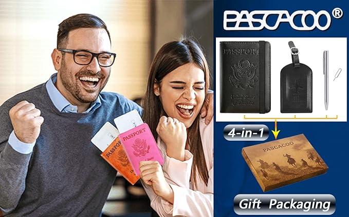 Passport Holder With Luggage Tag Travel Essentials Passport Cover Wallet RFID Blocking Leather Case International Must Haves Travel Accessories Women Men(115#Black)