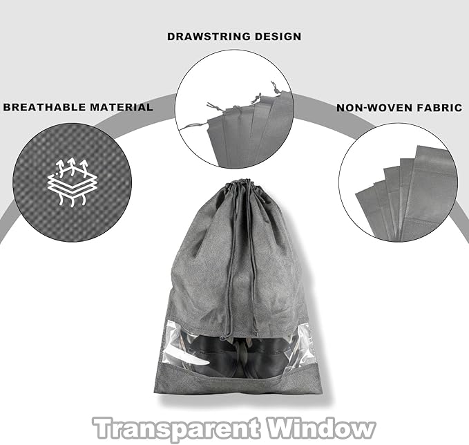 20 Pack Shoe Bags for Travel, 17" x 12.6" Drawstring Shoe Organizers with Clear Window, Breathable Non-Woven Dustproof Pouches for Luggage & Closet (Gray)