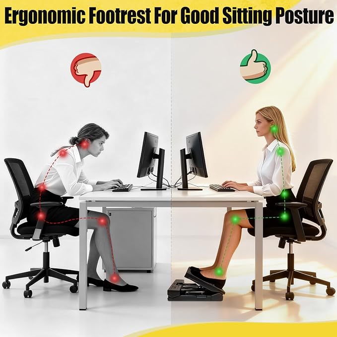 Foot Rest for Under Desk at Work Ergonomic Footrest with Adjustable Height and Angle, Foldable Foot Stool with Removable Pad Massage Beads for Office Gaming Chair Black