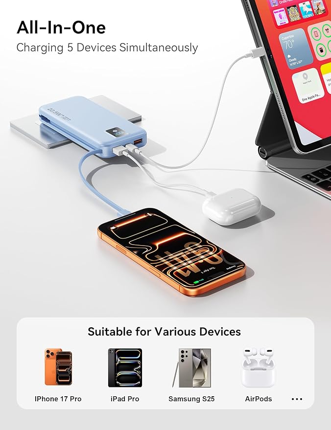 Portable Charger, 12000mAh 22.5W Fast Charging Power Bank with Built-in Cables & Wall Plug, Travel Essential Battery Pack with LED Display, USB C Battery Phone Charger for iPhone, iPad, Samsung Blue