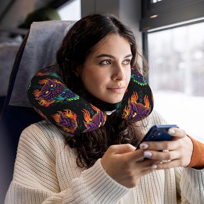 Travel Neck Pillow for Pain Relief Sleeping, Abstract Owl Fire Art, Comfortable Memory Foam Chin Head Cushion Support with Zip Cover, Fashion Car Flight Pillows