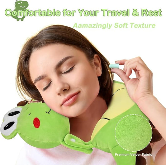 Kids Travel Pillow, Cute Dinosour Memory Foam Neck Pillow with Travel Bag, Soft Adjustable Airplane Pillow for Chin Support, Headrest- Green