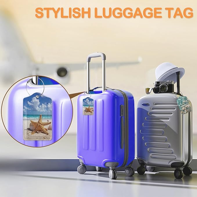 Starfish on Sunny Beach 3 PCS PU Leather Luggage Tags for Suitcase, Luggage Tag with Privacy Flap, Name ID Label and Metal Loop for Women Men Baggage Handbag School Bag Backpack