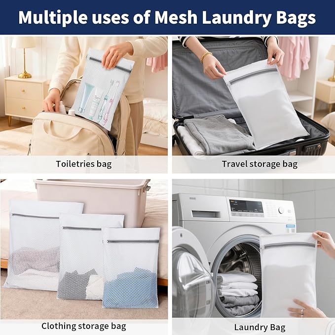 Laundry Bag Backpack with 3 Sizes Mesh Wash Bags and Shoulder Straps Foldable Clothes Hamper Bag with Drawstring Closure for College, Apartment, Laundromat (Dark Blue)