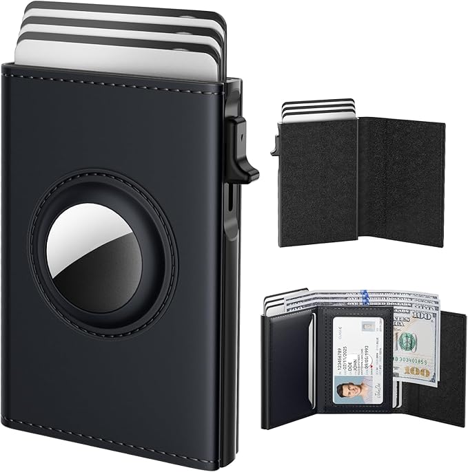 typecase Mens Wallet Card Holder for AirTag: Leather Smart Wallet for Men Compatible with Apple Air Tag, RFID Blocking, Slim, Minimalist - 9-14 Card Capacity | ID Window | Cash Slot (Deep Black)