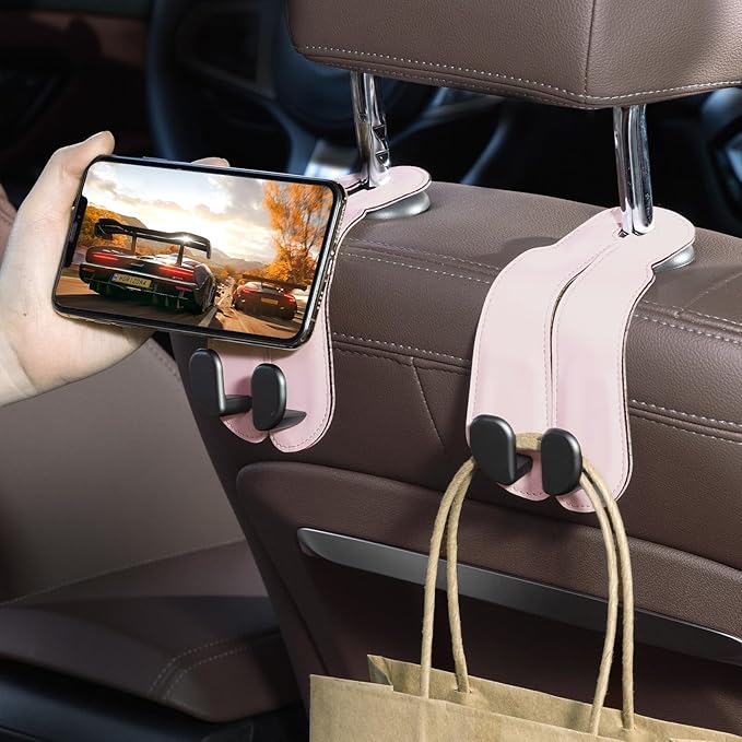 CoBak Purse Hook for Car - Universal Premium Stitched Leather and Aluminum-Magnesium Alloy Double Car Seat Back Storage Hook for Purses, Handbags, Bags (2 Pack),Pink