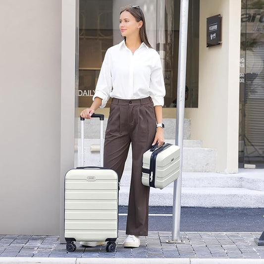 AnyZip Carry On Luggage 2PCS Luggage Set PC ABS Hardshell Lightweight Suitcase TSA Lock with 4 Spinner Wheels（14/20, White）