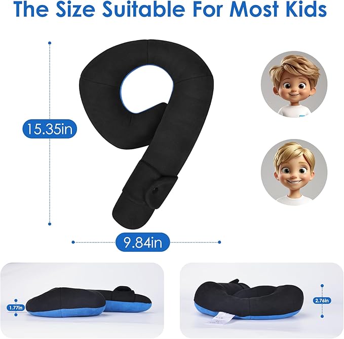 Kids Travel Neck Pillow, Comfortable Head & Chin Support for Car seat & Airplane, Toddler Pillow for Sleeping on Road Trip, Gifts for Child (Black & Light Blue)