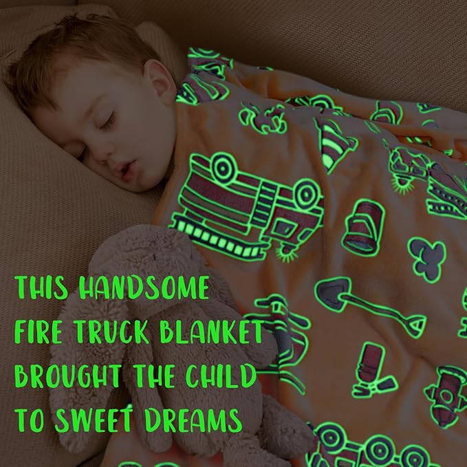 Fire Truck Blanket Glow in The Dark Blanket for Toddler Boys Gifts Toys for 3 4 5 6 7 8 9 10 Year Old Construction Blankets Firetruck Birthday Gifts for Kids