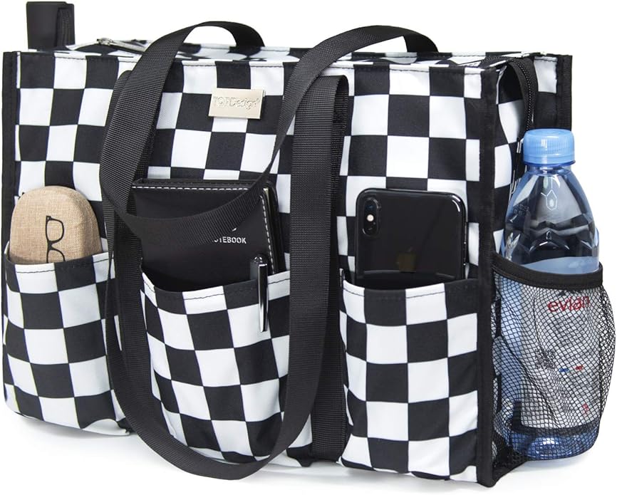 TOPDesign Utility Water Resistant Tote Bag with 13 Pockets, Top Zipper Closure & Thick Bottom Support, for Working Women