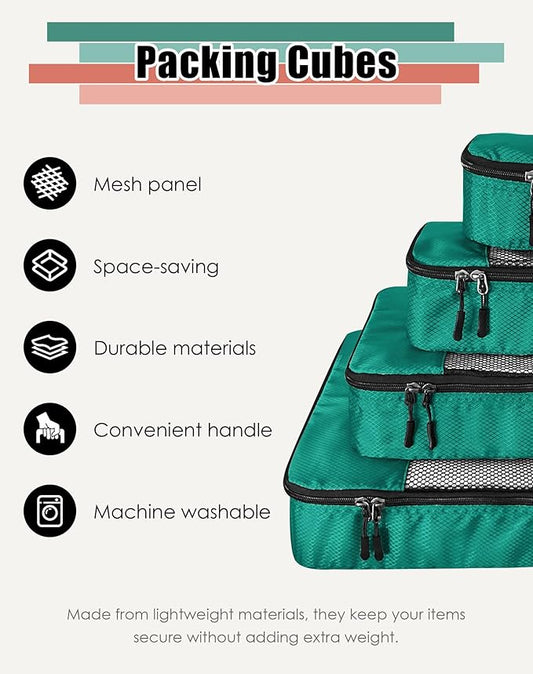 4-Piece Packing Cubes Travel Accessories Set for Suitcases - Luggage Organizer Bags with Double Zipper - Mesh Top - Small/Medium/Large/Slim - Green