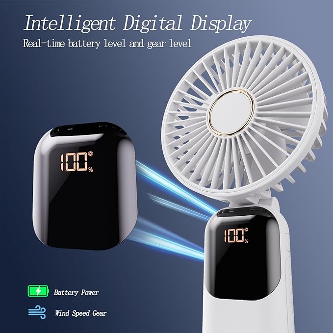 Portable Fan, 4200mAh Battery Operated Fan, 5 Speeds&Digital Display, Makeup Fans for Women with Base, 180°Foldable 3in1 Handheld/Neck/Desk Fan for Outdoor Indoor,Ultra Quiet (White)
