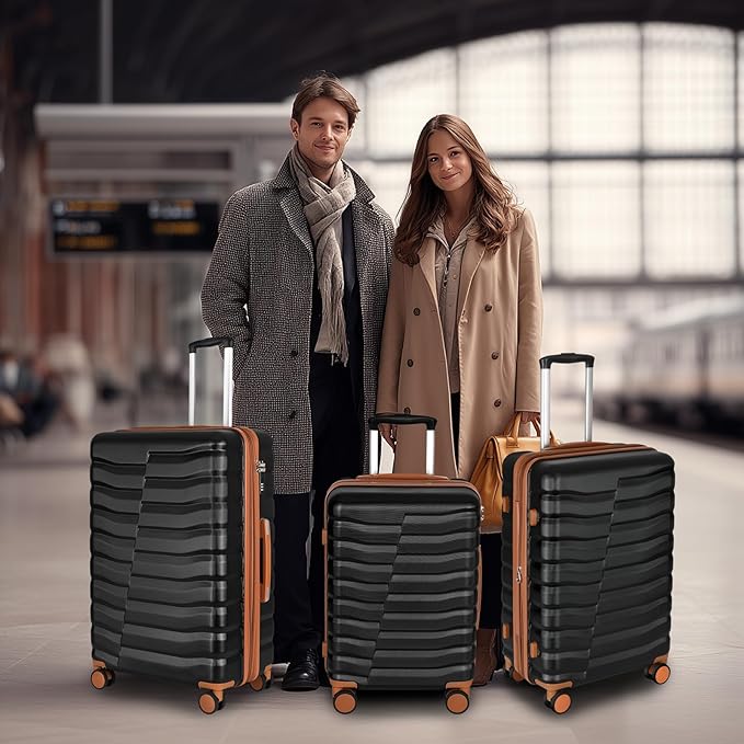 Lightweight Luggage with Spinner Wheels & YKK Zipper, 3-Piece Suitcase ABS+PC Hardside Hard Shell Luggage Set with TSA Lock, Black & Brown (20+24+28 inch)