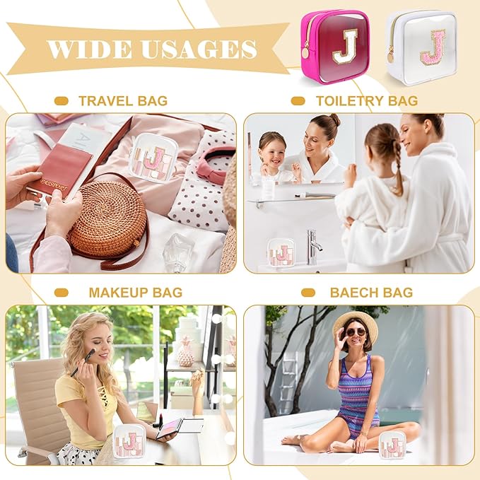 Personalized Initial Letter Clear Preppy Makeup Bag,Mini Nylon Chenille Letter Cosmetic Bag Cute Zipper Pouch Purse for Teen Girls,Portable TSA Approved Beach Travel Essentials Bag Gift for Women,J