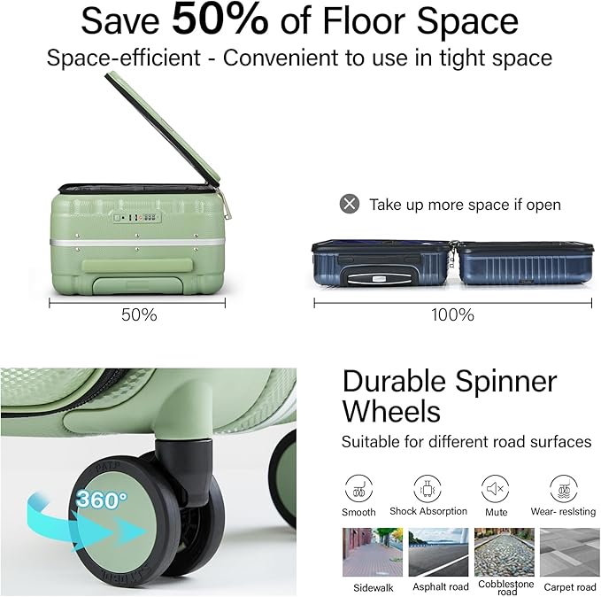 Hanke 16 Inch Underseat Carry On Luggage with Wheels,Small Hard Shell Suitcases for Weekender,Top Opening Lightweight Travel Luggage Suitcase for Womem Men,Bamboo Green.