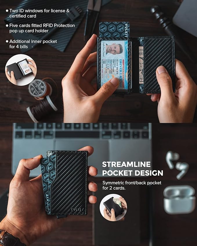 VULKIT Card Holder Wallet with Double ID Windows RFID Blocking Pop Up Wallet Minimalist Design for 12 Cards
