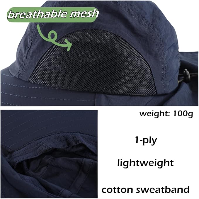 LLmoway Wide Brim Sun Hat with Neck Flap for Men Women Summer Outdoor UV Protection Breathable Fishing Hats with Strap
