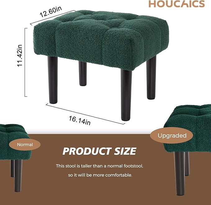 HOUCHICS Fur Padded Foot Stool, Small Ottoman Rest with Wooden Legs, Modern Rectangle Chair Rest for Living Room, Couch, Desk (Green)