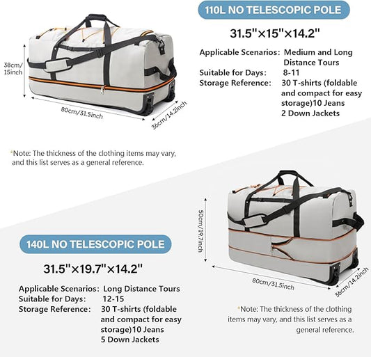 32” 1680D Oxford Foldable Duffle Bag with 2 Wheels,110L to 140L Expandable Soft Sided Rolling Travel Bag,Grey