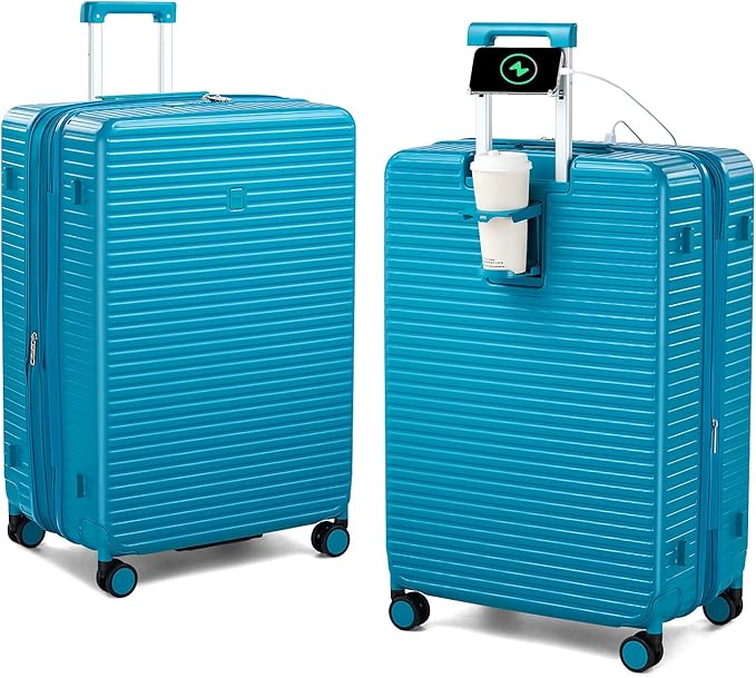 28 Inch Luggage Hard Shell Suitcases, Expandable Travel Checked Luggage 28 Inch, Large Check In Luggage with Spinner Wheels Cup Holder Charger Built in Lightweight Suitcase, Caribbean Blue