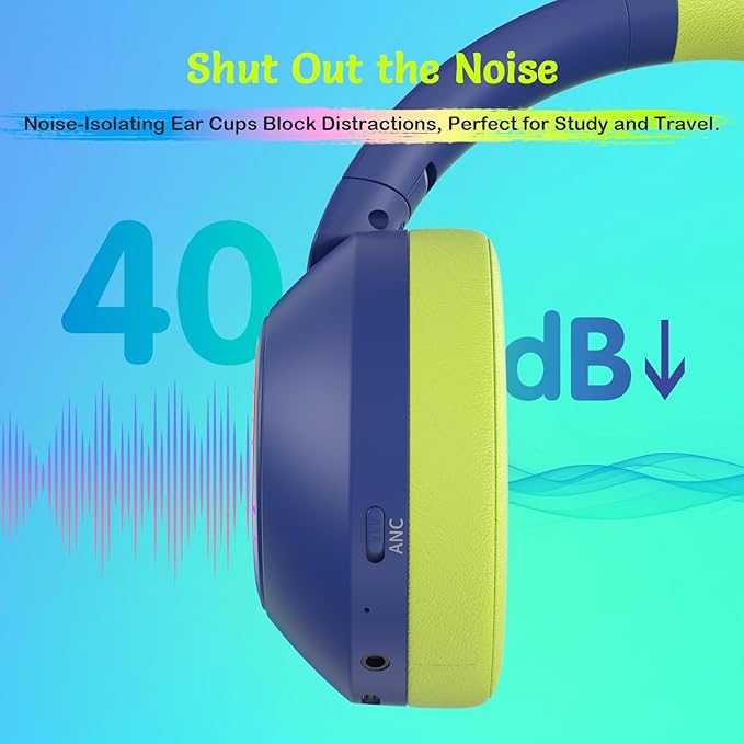 Noise Cancelling Headphones for Kids,Colorful RGB LED Lights, 60H Playtime, Bluetooth 5.4 Wireless Over-Ear Headset Built-in Microphone for Home/School/Party- Includes Portable Case (Blue)
