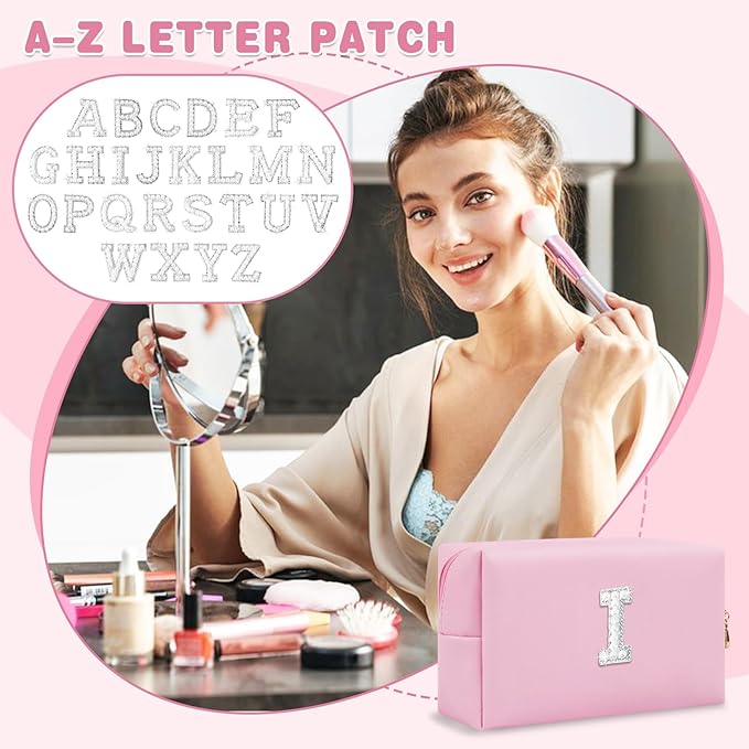 ChaoGreat Bride Gifts – Personalized Initial Makeup Bag with Pearl Rhinestone Patch, Preppy Pink Monogram Cosmetic/Toiletry Pouch, bridesmaid Gifts, Bridal Shower Gifts, Wedding Gifts, Bridal Gifts,I