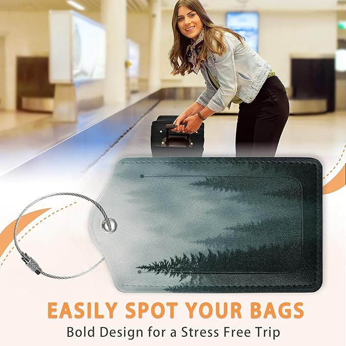 Watercolor Misty Forest PU Leather Luggage Tags for Suitcase, Travel Cruise 3 Pack with Privacy Flap, Name ID Label and Metal Loop for Women Men Girls Baggage Bag Backpack