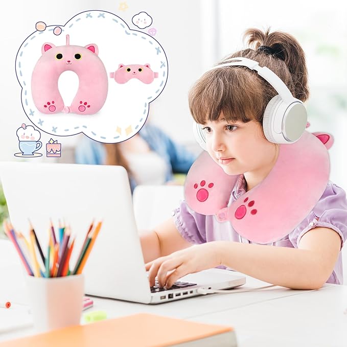 Kids Neck Pillow for Travel, Cute Cat Neck Pillow with Eye Mask for Sleeping Journey, Soft U-Shaped Travel Pillow for Airplane Car (Pink)