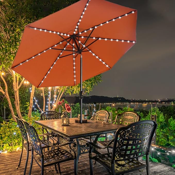 EliteShade USA 10-Year-Non-Fading Solar 9ft Market Umbrella with 80 LED Lights Patio Umbrellas Outdoor Table Umbrella with Ventilation,Rust