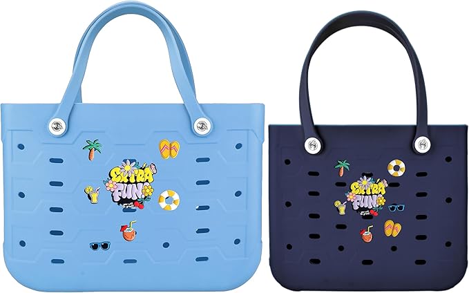 2-Piece Tote Bag Set, Waterproof Rubber Beach Bag with Summer Pattern, Medium & Large Handbag for Pool, Beach, Boat