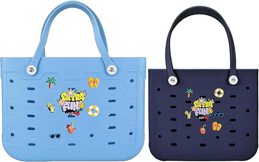 2-Piece Tote Bag Set, Waterproof Rubber Beach Bag with Summer Pattern, Medium & Large Handbag for Pool, Beach, Boat