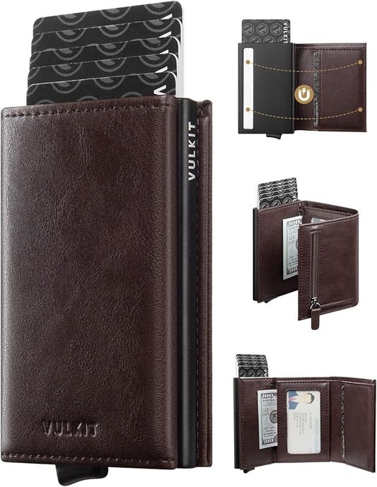 VULKIT Pop up Wallet Minimalist Cash Wallets RFID Blocking Leather Smart Credit Card Holder with Magnetic Closure for Men