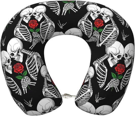 Neck Travel Pillow, Women Men Washable Airplane Car Pillows Rose Flower Skull Love Skeleton, Head Support Rest U Shaped Cushion Comfortable for Watching TV
