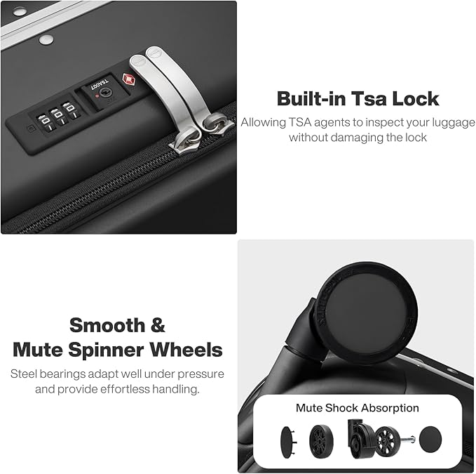 mixi 26 Inch Large Checked Luggage PC Hard Shell Suitcase Top Opening Aluminum Frame Travel Suitcases with Wheels, Black