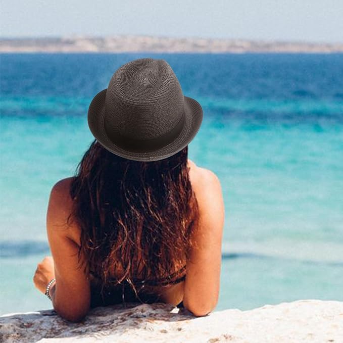 DRESHOW Women Straw Panama Hat Travel Fedora Beach Sun Hat Summer Wide Brim Straw Roll up Hat UPF 50+