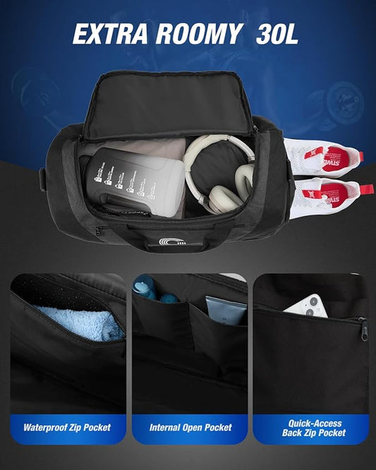 Gonex Gym Duffel Bag with Shoe Compartment Wet Pocket, Large Capacity Sports Duffle Bag for Men Women, Workout & Travel Bag with Multiple Pockets, Black, Small (30L)