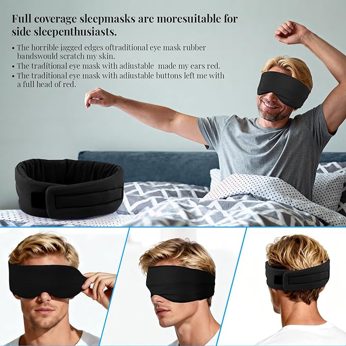 Cotton Sleep Eye Mask for Women Men, 100% Blocking Light Eye Mask Sleeping for Side Sleeper, Soft Zero Pressure Cooling Blackout Eye Covers for Sleeping, Sleep Mask fits All Heads Adjustable（Black）