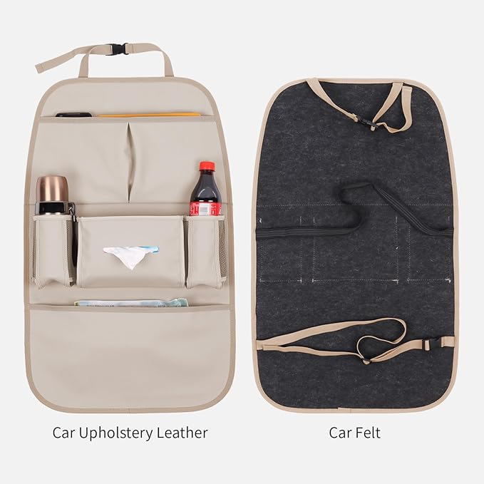 Car Backseat Organizer for Kids, Car Back Seat Storage Bag With 3 Pockets, 2 Drinks Holders, Water Resistant, Kids Toy Storage Kick Mat Back Seat Protector for Toddlers (Beige 1-Pack)