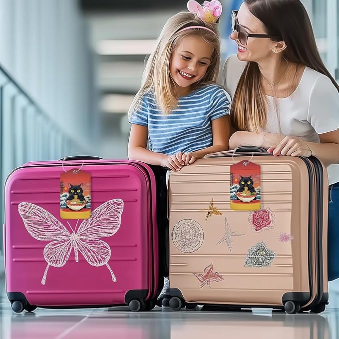 Funny Japanese Ramen Cat Luggage Tag, Suitcase Tags with Privacy Flap and Metal Loop, Luggage Tags for Suitcases, Identifiers Travel Essentials Bag Tag, Cat Lovers Gifts for Women Girls Friends