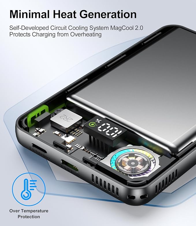Magnetic Power Bank 10000mAh,Foldable Wireless Portable Charger with Fan Active Cooling System,Fast Charging Battery Pack,Compatible with iPhone 16/15/14/13/12 Pro/Pro Max/Plus/Mini
